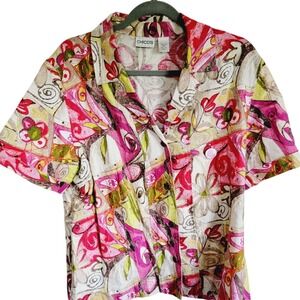 Chico's 2 Linen Button Up Shirt Womens Size L Floral Top‎ Short Cuff Slv